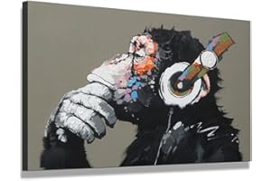 bestpricepictures 80 x 60 cm Bild auf Leinwand AFFE mit Kopfhörer 4002-SCT deutsche Marke und Lager - Die Bilder/das Wandbild/der Kunstdruck ist fertig gerahmt