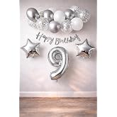 Gumus Konsept Dogum Gunu Kutlama Seti Beyaz Gumus Konfetili Balon Rakam Yıldız Folyo ve Banner (9 Yaş)