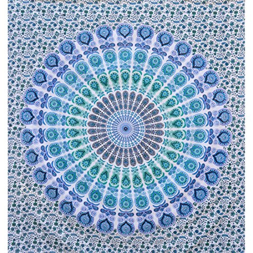 indian-hippie bohemian-ethnic-psychedelic peacock-mandala wall-hanging-tapestry-blue-green twin-size-54 X 72 - 2