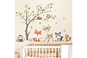 decalmile Pegatinas de Pared Animales Bosque Árbol Vinilos Decorativos Ciervo Zorro Búho Adhesivos Pared Habitación Infantiles Niños Bebés Guardería