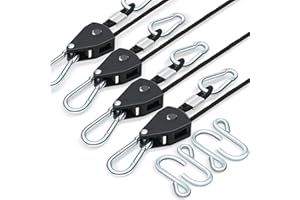 HUDDU 4PCS Cordes à Cliquet avec Crochets, Réglable Sangle à Cliquet Corde, Cintres à Cliquet RéGlables 1/8, Robuste Sangle pour Lampe à Suspension Plantes Growth élingues d'éclairage