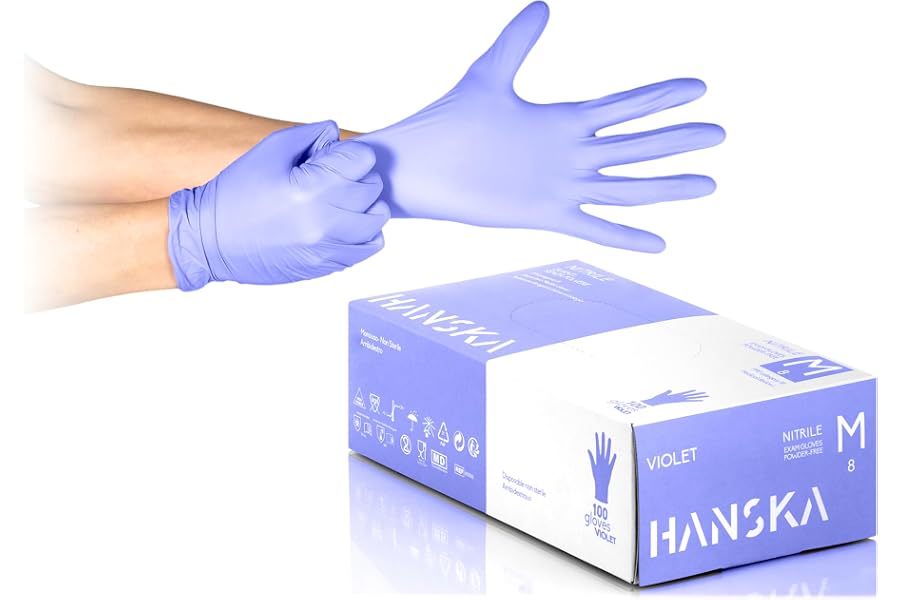 HANSKA 100 Guanti Monouso Nitrile Viola - Senza Polvere - Usa e Getta- Ambidestri - Non Sterili - Base di Gomma - Adatti per 