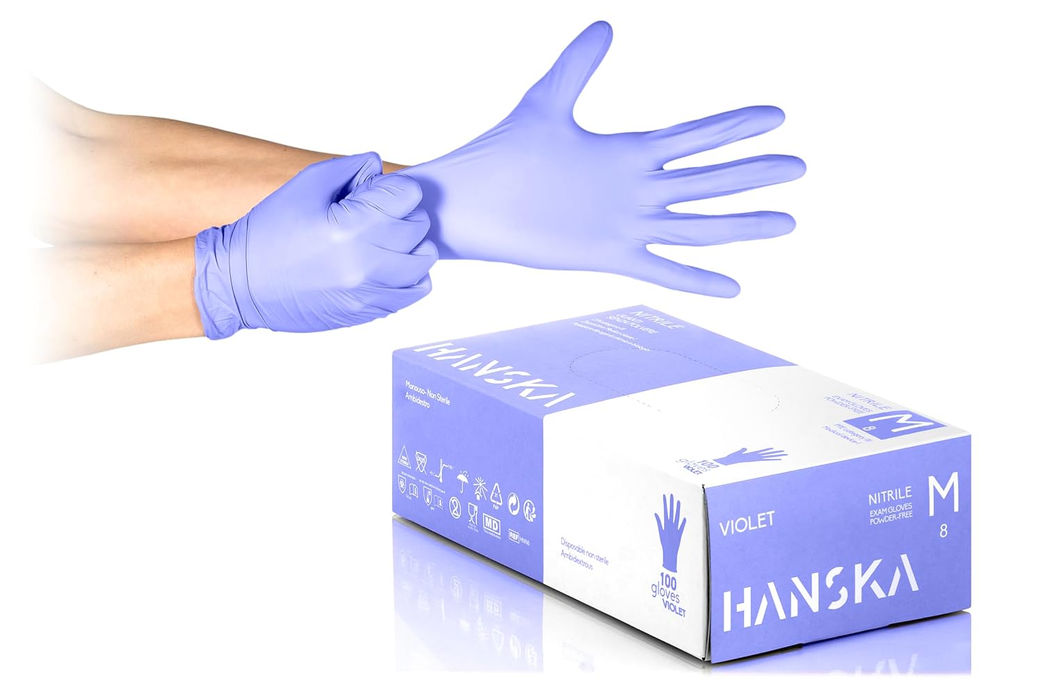 HANSKA 100 Guanti Monouso Nitrile Viola - Senza Polvere - Usa e Getta- Ambidestri - Non Sterili - Base di Gomma - Adatti per Ambiti Medici, Manipolazione degli Alimenti (100, M)
