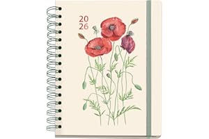 Miquelrius - Agenda 2026 día por página, Similar A5+ (164 x 218 mm), Planificación diaria, Doble espiral, Cubierta cartón plastificado, Papel 100 g/m², 6 idiomas, Stickers, Diseño EntreDos, Amapola