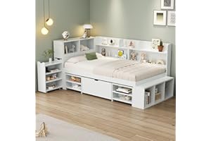 Aoskem Bett 90x200 cm Einzelbett Kinderbett mit Stauraum, Schubladen Bücherregal Stauschrank, Stauraumbett Bettgestell mit Lattenrost, Funktionsbett Holzbett Flachbett Jugendbett, Ohne Matratze, Weiß