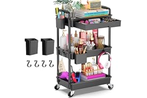 Yeabett 3-poziomowy wózek do przechowywania z szufladą, wózek narzędziowy z półką z tworzywa sztucznego i zamykanymi kółkami, wielofunkcyjny wózek do przechowywania do kuchni, łazienki, biura, salonu