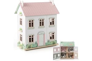 COSTWAY Drewniany domek dla lalek, 3 piętra z dwustronnymi dachami i otwieranymi drzwiami, domek dla lalek "zrób to sam" z meblami i akcesoriami, dla dzieci od 3 lat