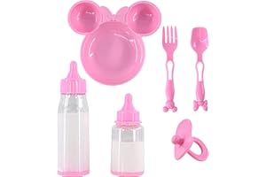 THE MAGIC TOY SHOP 6 Pc Baby Doll Feeding Set with Two Magic Milk Bottles, Dummy, Plate, Fork & Spoon Pretend Play Doll Accessories Girls Boys Toy Playset Gift for Kids