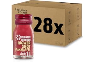 Kloster Kitchen - GranadaTRINK Shot - Shots de granada y jengibre, 28 botellas de vidrio de 30 ml, con trozos de jengibre orgánico y vegano