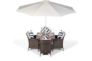GIARDINO Savannah Rattan Gartenmöbel Set | Eckige 4-teilige Polyrattan Garten Sitzgruppe Braun, Essgruppe mit 4 Stühlen, Gartentisch und Sonnenschirm | Balkon Möbel Set, Lounge Möbel Terrasse | Mit Abdeckung