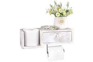 BTSKY Wandmontierter Toilettenpapierhalter aus Holz mit Ablage und Schublade – Badezimmer-Toilettenpapierrollenhalter mit Aufbewahrungsbox, spülbarer Tücherspender, Organizer, Vintage-Weiß