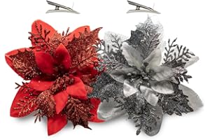 Ikhady 12 Fiori per Albero di Natale 14cm – Fiori Finti Glitterati con Clip, Decorazioni Natalizie Eleganti per Addobbi, Ghirlande e Centrotavola