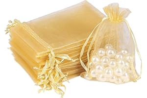 SINZAU 100 Petit Organza Sachets, 7 x 9cm Sac Cadeau en Organza avec Rubans, pour Les Cadeaux de Noël, Bonbonnière, Cadeau Fêtes de Mariage, Or