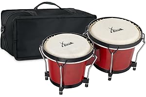 XDrum PERC Bongos Club Rojo Vino - 2 Tambores de 6" y 7" - Bongos con pieles naturales afinables y llave de afinación - Tambores de madera rojo vino - Set incl. bolsa acolchada para bongos de nylon