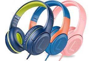 awatrue Casque d'écoute pour Enfants pour l'école avec Microphone 85/94 DB limiteur de Volume Jack 3,5 mm Casque Filaire Pliable avec Shareport pour Filles (Bleu Vert+Bleu Orange+Pink)