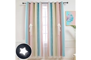 SEDEFEN HOME Sedefen Rideaux Occultants Thermique Isolant Anti Froid Rideaux Occultants étoiles Design pour Salon,Chambre,Chambre d'enfants,1 Panneau,L 132 x H 240 cm,Bleu Rose Jaune
