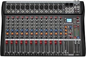 Depusheng DX12 Interface contrôleur de son DJ avec lecteur USB pour enregistrement sur ordinateur Mélangeur audio studio 12 canaux - Prise microphone XLR, alimentation 48 V, entrée/sortie RCA