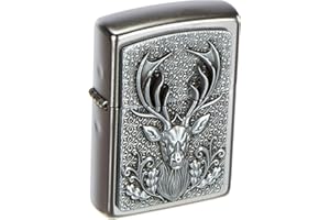 ‎ZIPPO Zippo Zapalniczka Sztormowa, Głowa Jelenia, Satynowy Chrom, Emblemat, do Napełniania, Wielokrotnego Użytku, Odporna na Wiatr, Pudełko Prezentowe, Wyprodukowana w USA