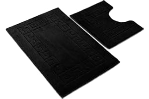 Ambience Products Greek Key Pattern Bath Mats 2 Piece Sets Non Slip Bathroom Mat, Soft Washable Rug Quick Dry Water Absorbent Bathroom Shower Mat & Pedestal Set (Black)