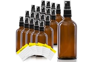Oputec Lot de 20 flacons pulvérisateurs en verre de 100 ml avec vaporisateur + 20 étiquettes inscriptibles - Bouteilles en verre ambré avec tête de pulvérisation fine - Petit flacon pulvérisateur