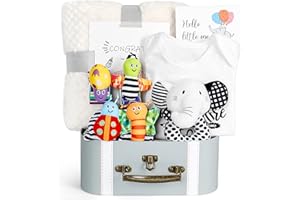 LOIIERU Baby Gift Set, Baby Shower Gifts, Black and White High Contrast Baby Toys 0-6 Months for Newborn Essentials Infant Rattle Socks Elephant Toys Blanket Onesies Baby Gift Basket for Girls Boys (Elephant)