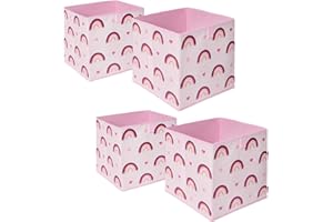 OHS Pack of 4 Rainbow Print Kids Storage Toys Games Box Clothing Space Saving Foldable Organiser Cube, Blush Pink