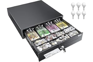 Tera Tiroir-Caisse Métallique Verrouillable avec Monnayeur: 4 Compartiments Billets 8 Pièces 41 × 41,6 × 11,3 cm avec Insert RJ12 Clés pour Caisse Enregistreuse Commerce Supermarché M415