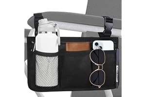 SAVOSWEET Bolsa Lateral para Silla de Ruedas con Bolsillos Bolsa de Accesorios para Sillas de Ruedas con Portavasos y Tira Reflectante para la Mayoría de Sillas de Ruedas, Andadores (Negro)