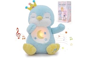 Edencomer Schlummer Kuscheltier - Schlummer Pinguin mit Simuliertem Atem, Musik und Nachtlicht, Kuscheltier mit Atembewegung Begleiten Sie Kinder Zum Schlafen (Blau)