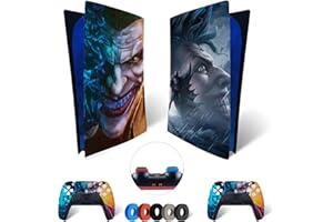 MaD Vision® Extra-Durable Skin Set per PS5 Digital + 5 Paia di Aiming Rings | Pellicola Adesiva in Vinile Opaco per PlayStation 5 + 2 Controllers - per Joker Batman Design