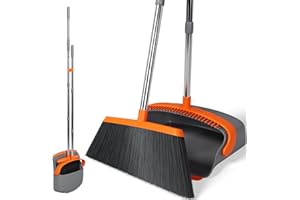 REXO - 55" Adjustable Long Handled Dustpan And Brush Set. Ergonomic Tall Standing Dustpan Brush Set With Long Handle, Lobby Broom For Everyday Sweeping (Orange, Grey)