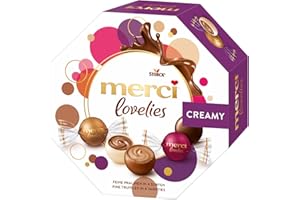 ‎MERCI LOVELIES merci lovelies Creamy – 1 x 185 g – Pralinen-Schachtel mit 4 gefüllten Schokoladen-Spezialitäten – Schokokugeln zum Teilen & Verschenken