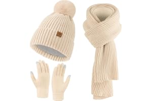 Simannie Hat Scarf and Gloves Set for Women - Fleece Lined Beanie Hat with Pom Pom, Cold Weather Knit Hat, Warm Neck Warmer Scarf & Cold Weather Knit Hat Set