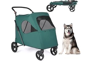 AESRAOU Large Dog Travel Stroller with 4 Heavy Duty Wheels Pet Stroller with Adjustable Handle - Double Doggie Capacity Jogger Wagon with Back Front Door for Small Medium Large Dogs (Dark Green)