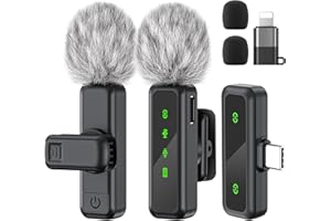 Jubolion Wireless Lavalier Microphone for iPhone iPad Android, 2Pack Mini Mic with LED display features Noise Reduction, Plug and Play Clip-on Mic for Video Recording, TikTok, YouTube, Podcast (Black)