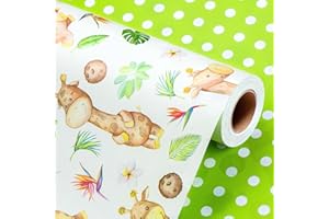 Wikadlik Mini rotolo di carta da regalo, 43 cm x 10 m, motivo giraffa con foglie verdi e pois, per compleanno di bambini, ragazzi e ragazze