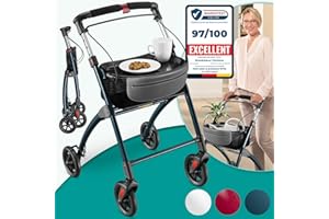 ELONEO Déambulateur 4 Roues Pliable Léger - Largeur 54 cm, Déambulateur d'Intérieur avec Plateau et Panier en Tissu - Rollator Adulte, Aide à la Mobilité Pliant Aluminium - Anthracite