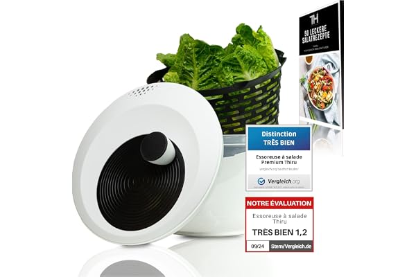 Saladeuse Premium 5 L grande – 60 jours d’essai sans risque – 2-en-1 antidérapante: essoreuse & saladier – Ø 24,5 cm – Sans BPA – Compatible lave-vaisselle – pour essorer la salade – eBook inclus