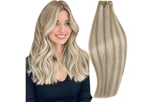 RUNATURE Weft Human Hair Extensions Ash Brown Highlight Platinum Blonde Hair Weft Extensions Remy Hair Weft Sew in Extensions Human Hair 20 Inch 100 Gram