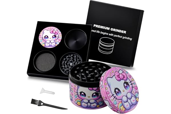 Spespo Grinder Moulin à herbes 4 couches ∅ 50 mm | En alliage de zinc | Avec grattoir à pollen et brosse de nettoyage | Pour herbes, épices et thé | Emballage cadeau (Pink Cat)