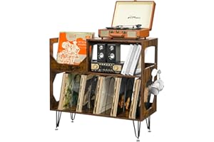 ikkle Plattenspieler-Ständer Vintage Plattenspieler Tisch, Plattenspieler Schallplattenständer mit Aufbewahrung, Holz Beistelltisch Vinyl Plattenspieler Stand mit Metallfüßen für Wohnzimmer