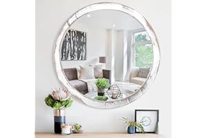 JJUUYOU Specchio rotondo da parete da 40 cm, per bagno, bianco, specchio circolare per bagno, cornice in legno, da appendere, per soggiorno, camera da letto, dormitorio, decorativo