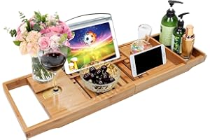 BOSSJOY Bamboo Bathtub Caddy Tray Bathroom Bath Tub Bridge with Extending Sides Built in Book Tablet Holder Cellphone Tray & Integrated Wineglass Holder and Other Accessories Placement