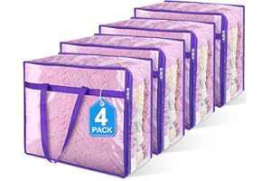 Budding Joy 4 Pack Clear Storage Bags, 40L Plastic Storage Bag with Lid, Clothes Storage Bag Moving Bags PVC Organizer with Zipper for Bedding, Linen, Blankets, Comforters, Clothes, Purple