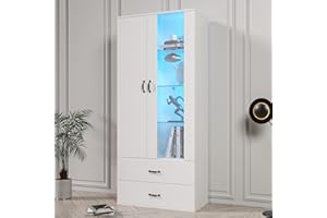 Rtopsu Vitrine Weiß Sideboard Standschrank mit LED-Beleuchtung, Vitrinenschrank Küchenschrank mit 2 Glasstür & 2 Stauraum Schubladen, Glasvitrine Schrank für Wohnzimmer Schlafzimmer, 182x59.5x35 cm