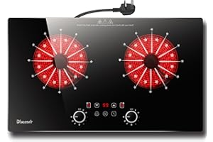 Disaenvir Portable Ceramic Hob 2 Zone, 3200W Plug in Electric Hob with Safety Lock & Knobs & Touch Control, 60cm Built-in Cooktops for Hot Pot with Dual Zone, 9 Power Levels, 4 Hour Timer, 220-240V