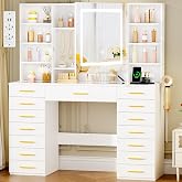 ANWBROAD Large Dressing Table with Mirror and LED Lights, Glass Lid and | Adjustable Brightness, Modern Makeup Table with 15