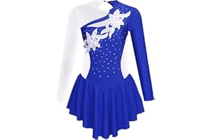 inlzdz Figure Ice Skating Dress for Kids Girls Long Sleeve Rhinestones Mesh Splice Gym Skirted Leotard Dance Performance Costume