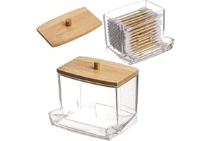 AIMIXUN 2 Pcs Cotton Bud Dispenser, Cotton Swab Dispenser with Bamboo Lids, Qtip Holder Makeup Organizer Holder Bathroom Canisters Bamboo Cosmetic Storage Jars Storage Containers for Floss