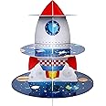 Space Cupcake Holder, Rocket Theme Birthday 3 Tier Cardboard Cupcake Stand, Galaxy Style Dessert Tower Display for Party Supplies Decoration